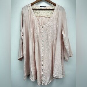 Lungo L’Arno size 1X Women’s Pink Linen Roll Tab Sleeve Button Up Tunic Top